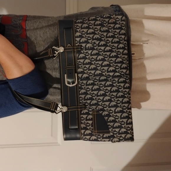 FIRM PRICE! Auth Dior Denim Navy Blue Oblique/Leather Vint Buckle Tote/Dust Bag - Picture 2 of 16